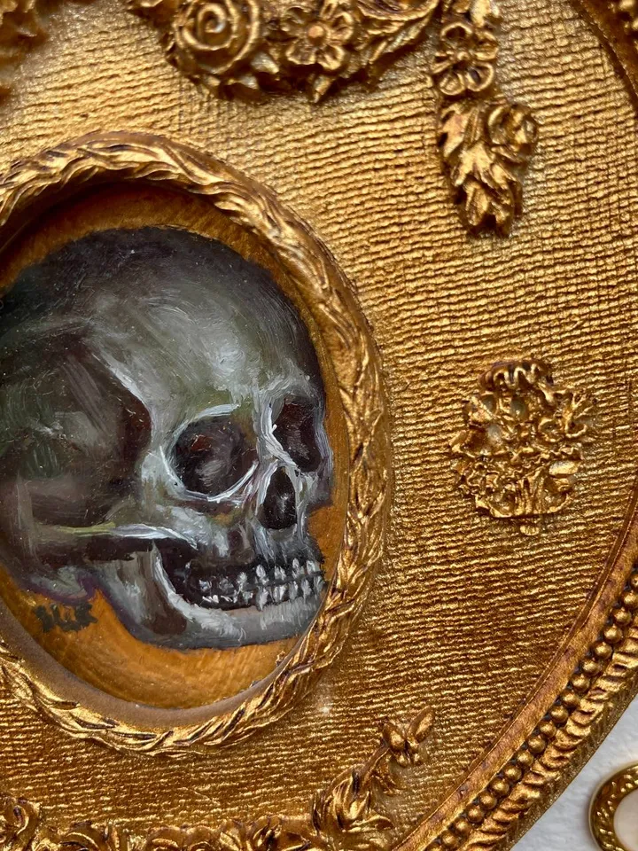 Tiny Skull Oil Painting Original In Vintage Style Frame Small Framed Still Life Art