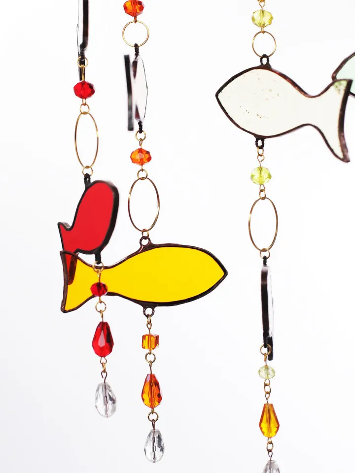 Garlands. Fish. Leaves, Fish Garland, Leaf Garland, Stained Glass Fish and Leaves, Artistic Glass Garland, Decorative Glass Garland with Fish and Leaves, Whimsical Fish Garland