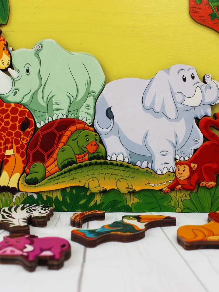 Wooden Puzzle - african jungle anim, Montessori toddler toy, jigsaw board