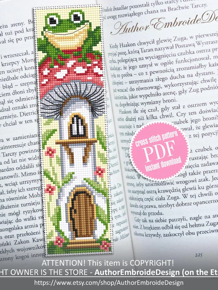 Mushroom bookmark cross stitch pattern PDF download Mushroom cross stitch chart, Funny bookmark pattern digital PDF, Frog cross stitch #B473