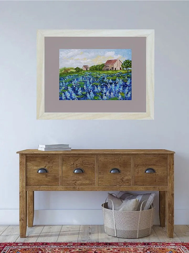 Bluebonnet Painting Farm Original Art Landscape Artwork Impasto Oil Painting