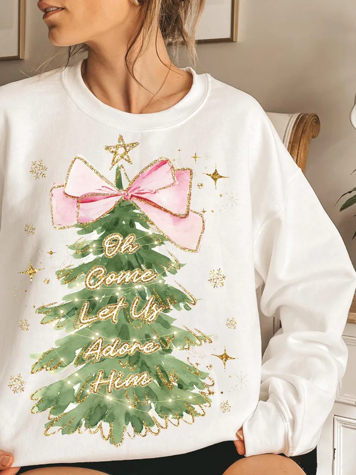 Oh Come Let Us Adore Him Png, Jesus Christmas PNG, Coquette Christmas Tree Png, Hand Drawn, Christian Christmas Png, Sublimation Download