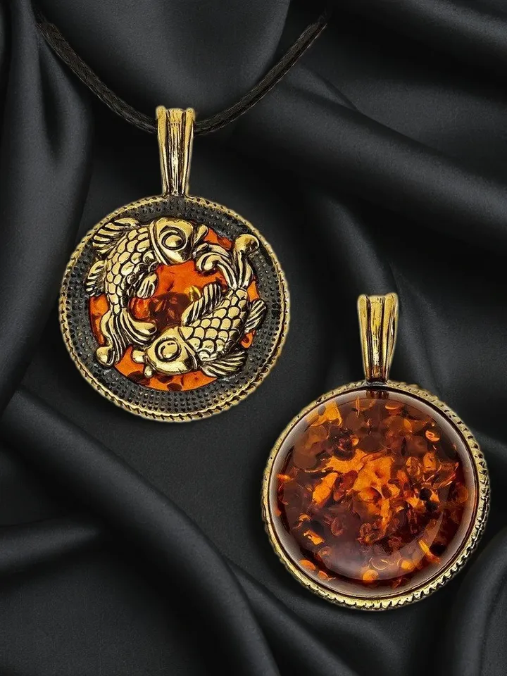 Pisces necklace Pisces gift zodiac sign pendant fish amber jewelry gold brass Fish Amulet round pendant medallion