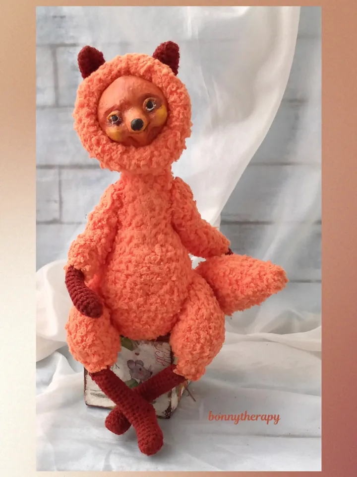 stuffed toy fox 5.9 inches sitting, crocheted cute fox with goose.