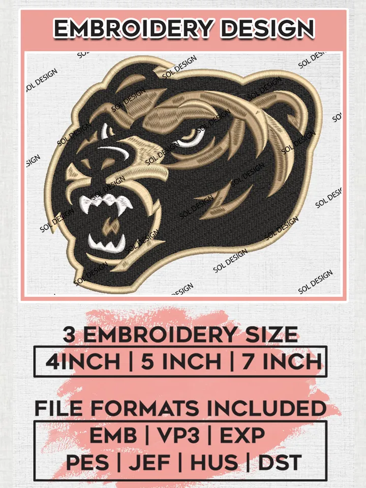 Oakland Golden Grizzlies Football Team Head Mascot Logo Embroidery Design Files, NCAA Oakland Golden Grizzlies Machine Embroidery, NCAA Teams, Game Day, 3 sizes, NCAA Machine embroidery designs, Digital Download