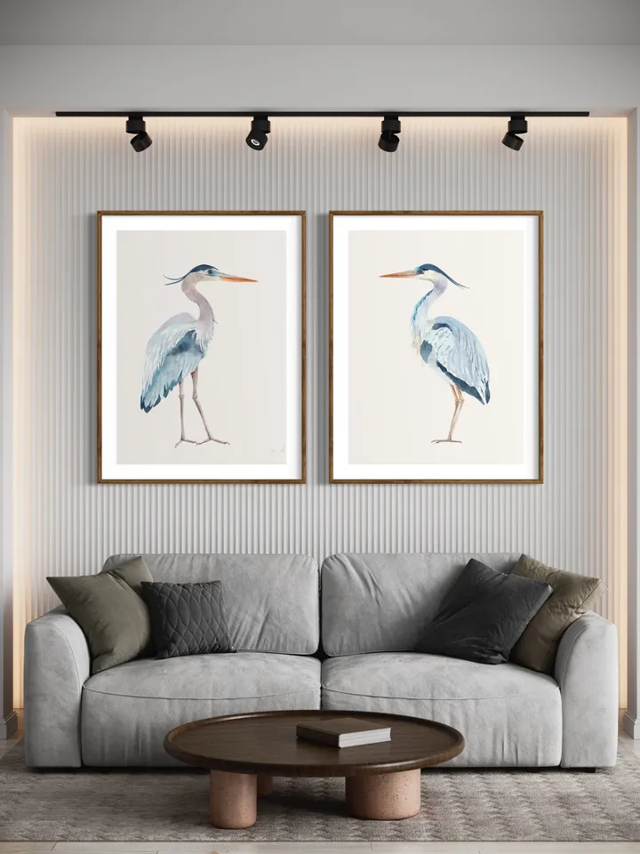Blue Heron Set Of 2 Watercolor Painting, Bird Lover Gift, Beach House Art, Home Decor Gift, Bathroom Wall Decor, Great Heron Painting Print
