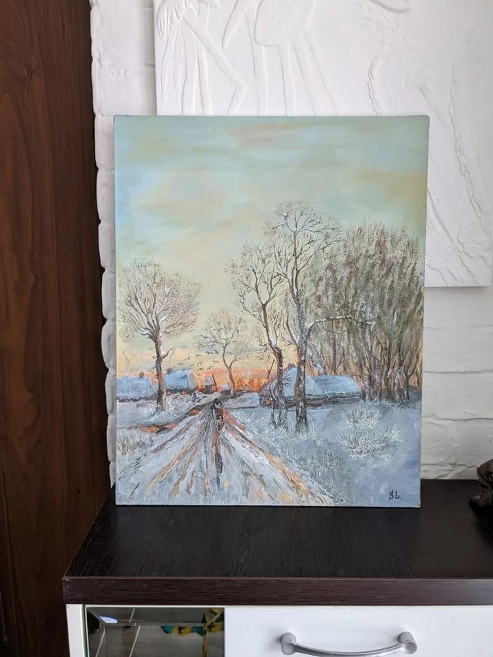 Landscape Oil Painting Last Snow, Thaw, Sunset Handmade Wall Art Reproduction 20x16 Inches