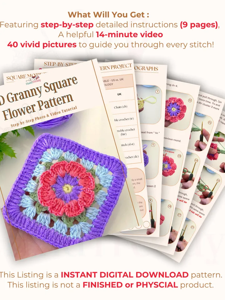 3D Granny Square Crochet Pattern for Baby Blanket & Pillow | Easy Crochet Square DIY Pattern for Beginners
