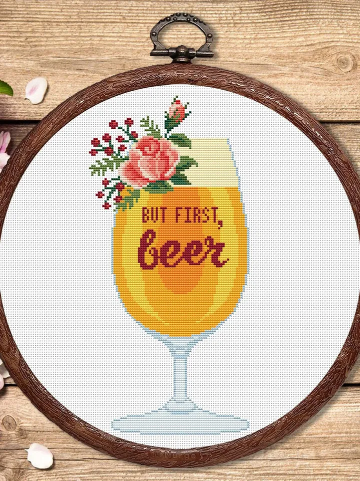 Set of 2 But First Beer Cross Stitch Pattern, Kitchen Cross Stitch, Embroidery Beer, But First Wine Pattern, Modern Cross Stitch #kt007