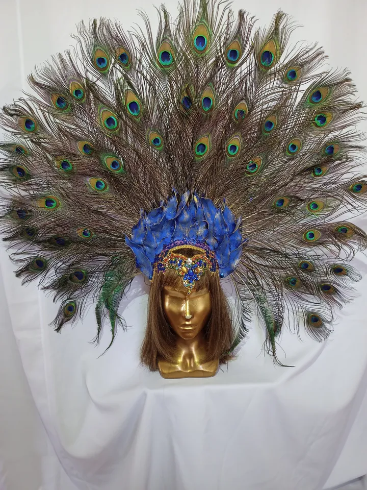 feather headdress, party crown, carnival headdress, brazilian headdress, crown, peacock feathers, peacock feather crown, peacock tail