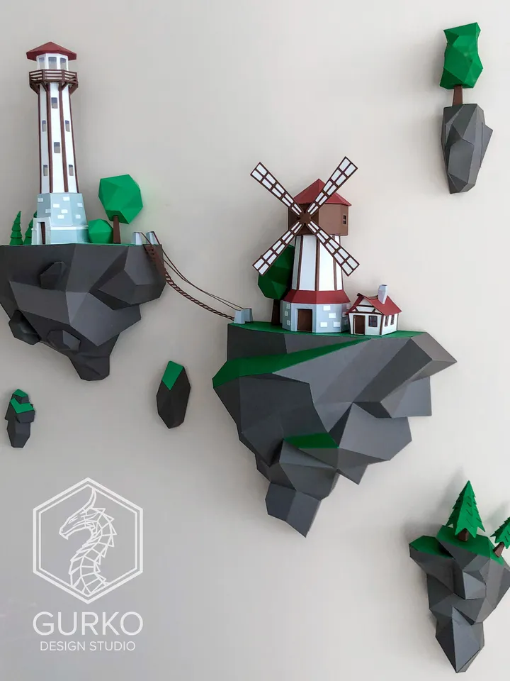 Papercraft Flying Islands (5 sets), Digital Template, PDF Download, Gurko, 3D Low Poly, Pepakura, DIY Origami Sculpture, Paper Decor, Gift