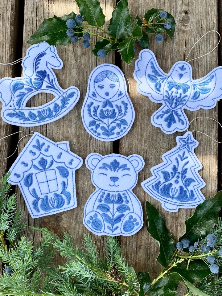 New Year's set of designs of six Christmas tree toys in the style of "Gzhel"