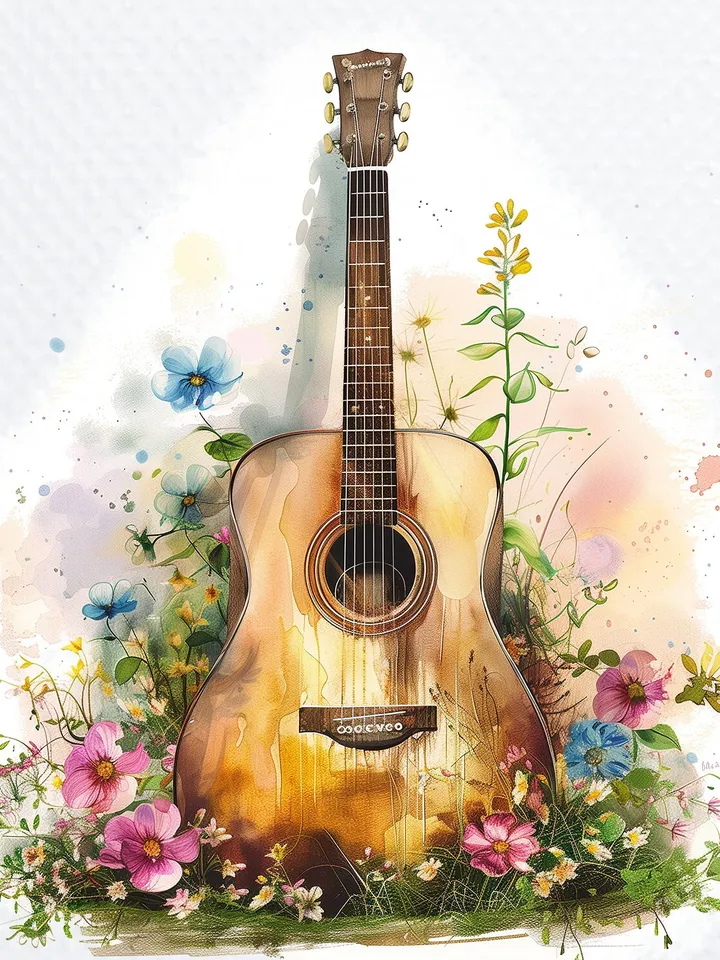 10 Vintage Floral Guitar Clipart, Printable Watercolor clipart, High Quality JPGs, Digital download, Paper craft, junk journals