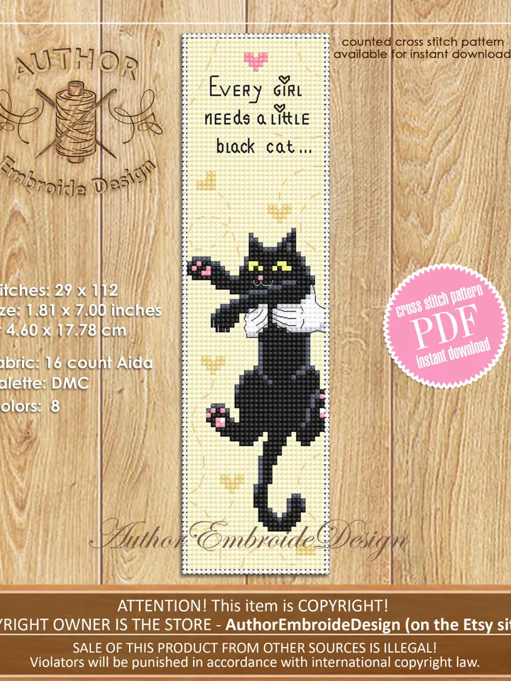 Cat bookmark cross stitch pattern download PDF Black cat cross stitch chart, Funny bookmark digital pattern PDF, Cat mom embroidery #B319