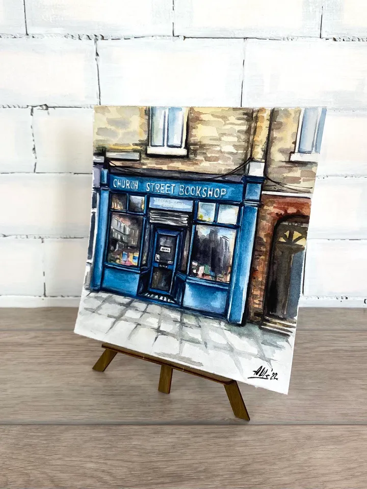 Old bookshop painting Original watercolor painting Cityscape painting House art