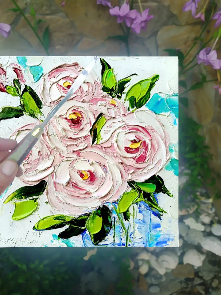 Peony Painting Original 8x8 Oil Impasto Boho Flower Miniature Floral Painting Abstract Floral Boho Shabby Chic Art Office Cottage Wall Art