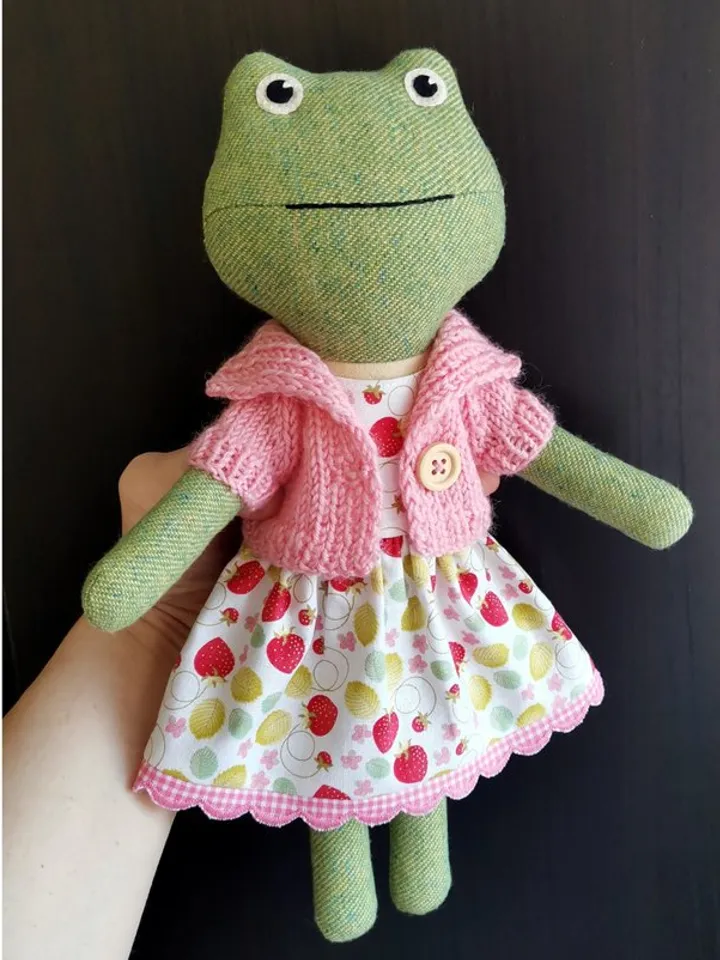 Green frog girl, handmade soft toad toy, textile stuffed doll, fabric frog
