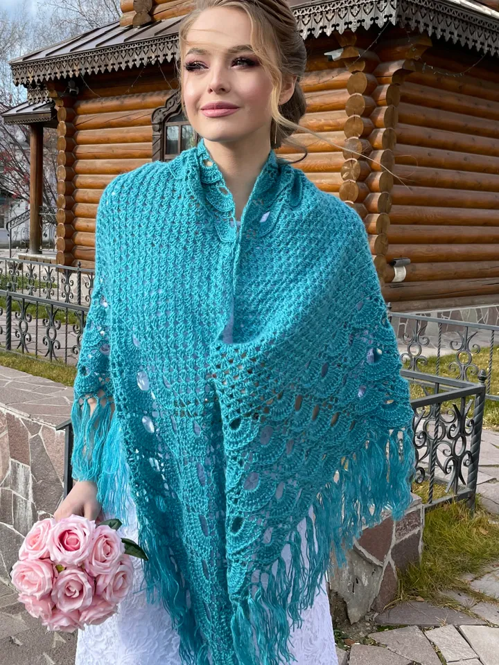 Bridal shawl and wraps for spring ,Wedding wool shawl bridesmaid, Gift for mom birthday, Evening blue knit wrap for women