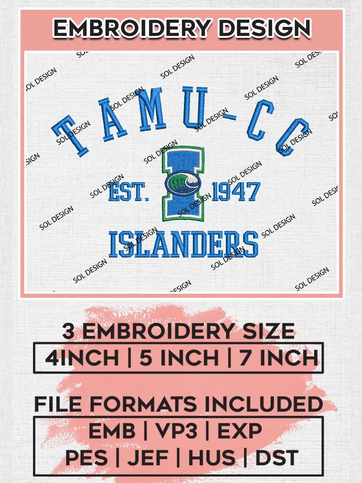 Texas A&M Corpus Christi Islanders Est 1947 Logo Embroidery Designs, NCAA Texas AM Corpus Christi Islanders Team Embroidery, NCAA Team Logo, 3 sizes, Machine embroidery Files, Digital Download