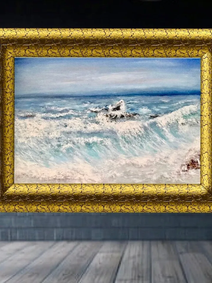 Seascape and a seagull oil painting hand made,waves,stones and a beach.Stretched canvas. Size 50/70 sm,27.5/19.6 inches.