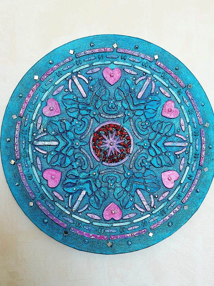 Mandala textured painting. Mandla love wall decor glitter art