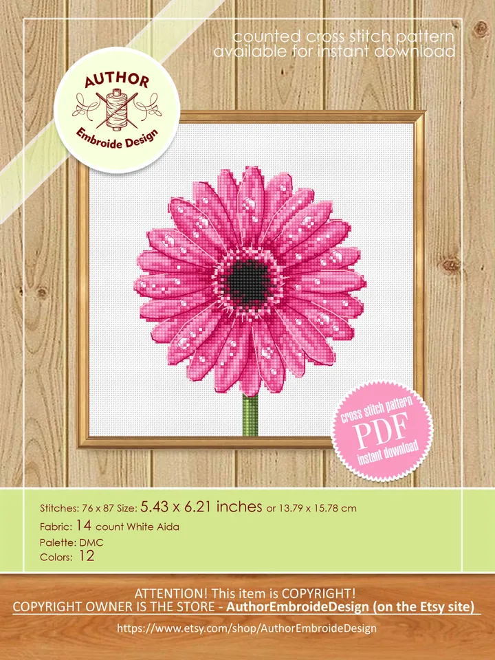 Gerbera daisy cross stitch pattern PDF download Pink flower cross stitch chart, Flower pattern digital PDF Mothers day gift, Home decor #P42