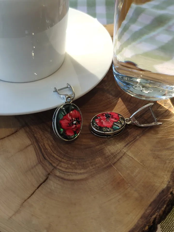 Pearl earrings: Tiny Elegant Red Pearl Earrings with hand painted Poppies • Aesthetic Handmade jewelry art earrings • Dainty gift for her