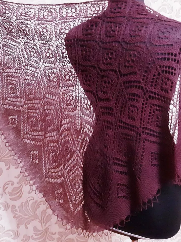 Hand knit merino wool shawl,Openwork marsala scarf for her, Crochet scarves for women,Warm woolen wrap,Birthday gift,Boho Style wrap.