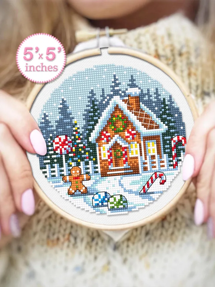 Gingerbread house cross stitch pattern PDF download Snow winter landscape cross stitch chart Christmas gingerbread pattern digital PDF #N185