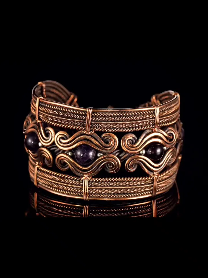 Copper wire wrapped bracelet with amethyst for lady Antique style WireWrapArt
