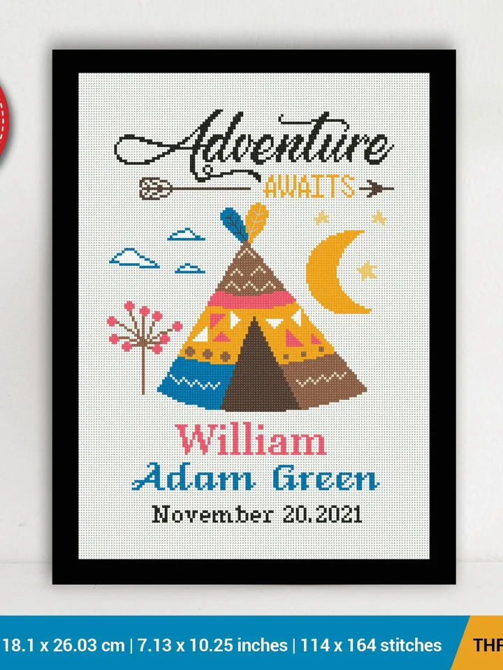 Birth announcement Adventure awaits Camping cross stitch pattern, baby, personalized boy girl nursery decor gift DIY embroidery, instant PDF