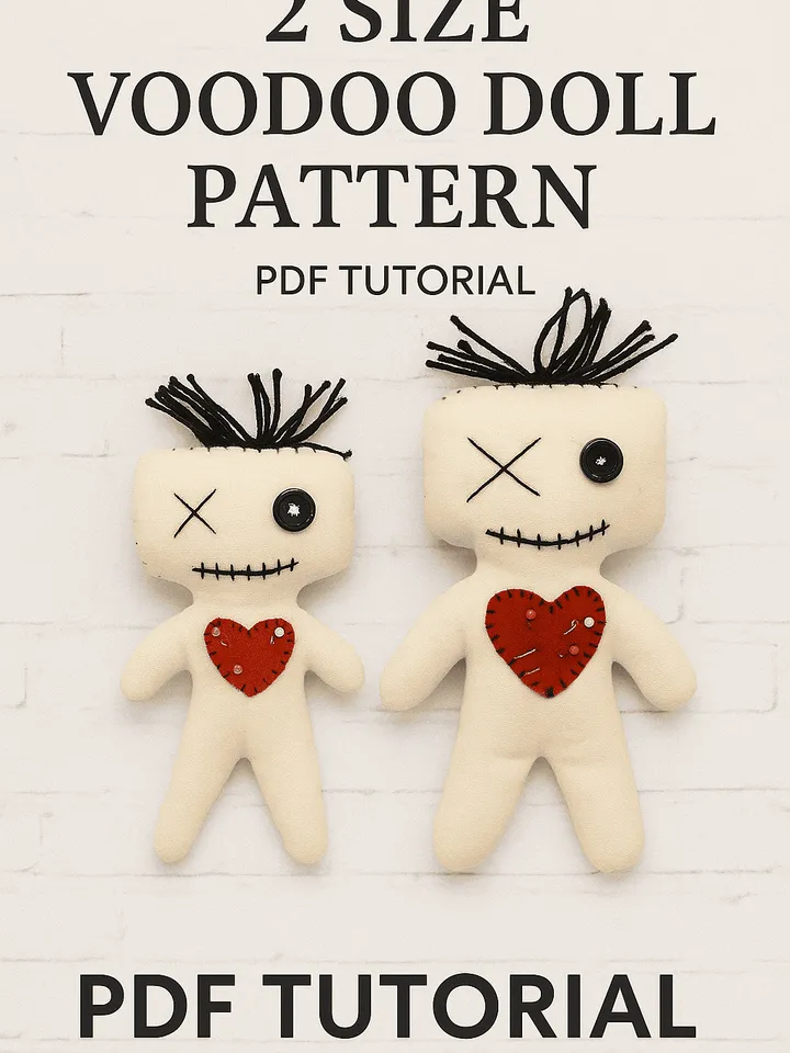 Voodoo Doll PDF Pattern โ 2 Sizes Included โ Creepy Cute Sewing Tutorial with Heart