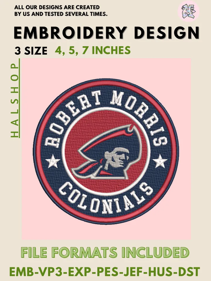 NCAA Robert Morris Colonials College Logo Embroidery Design – Classic Team Pattern, 3 Sizes Machine Embroidery Files, Instant Digital Download
