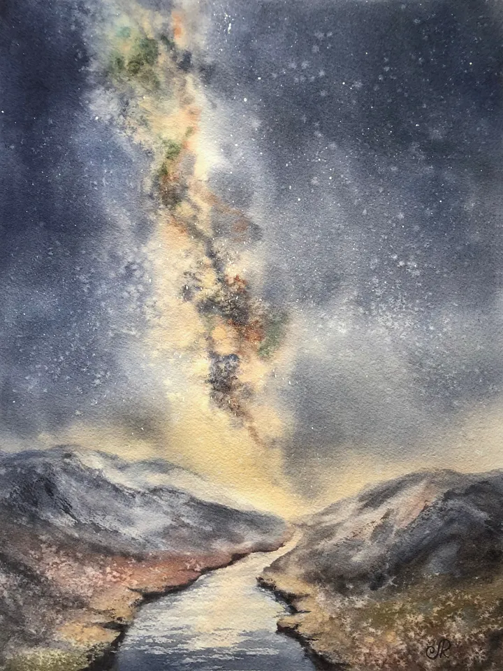 Milky Way Art Space Painting Landscape Watercolor Stars Wall Art Night Sky