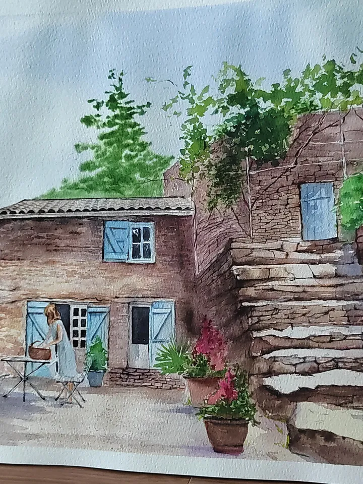Original Watercolor Painting Rural French Landscape Art Old Stone House Artwork Country Side Picture 30x40 cm by SoftWaves