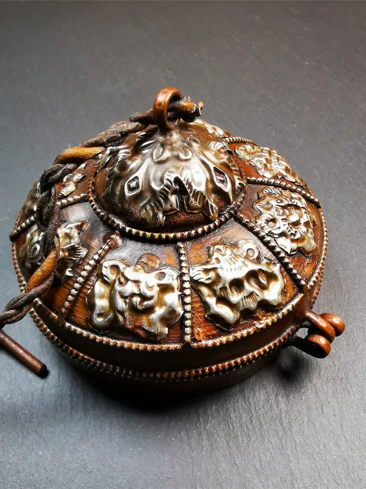 Gandhanra 8cm Copper Case,Astamangal Pattern, for Tibetan Cymbals, Tingsha Bell,Handmade in Nepal