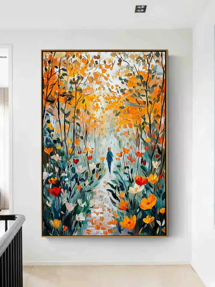 Impasto Autumn Forest Path Oil Painting on Canvas, Woman Walking in Woods, Textured 3D Landscape Art, Nature Wall Art Decor,Fall Foliage Art