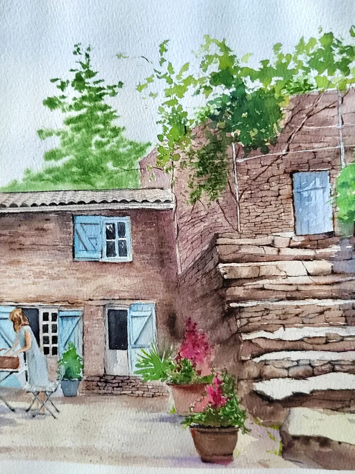 Original Watercolor Painting Rural French Landscape Art Old Stone House Artwork Country Side Picture 30x40 cm by SoftWaves