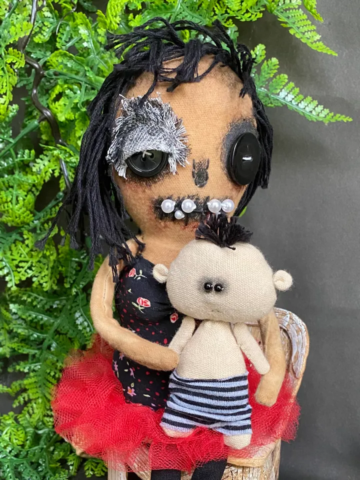 zombie family mother and son. handmade cloth dolls