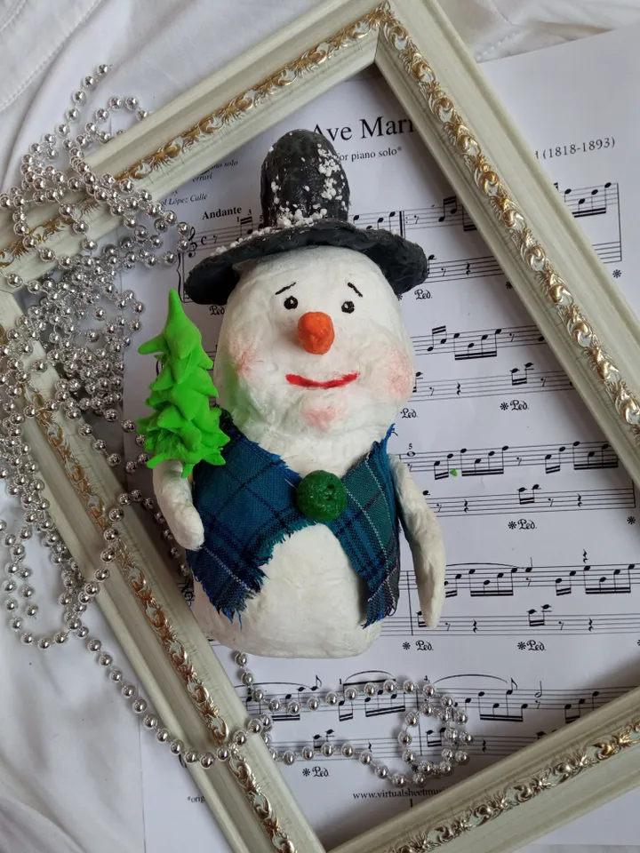 Adorable handmade snowman with Christmas tree. Decoration for Christmas, decor for winter holidays. Free shipping