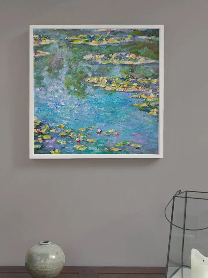 Painting "Water Lilies in a Pond" Oil Canvas on a stretcher 12 by 12 inches Flowers Painting Oil Impasto Palette Knife Artist Fedorova Natalia