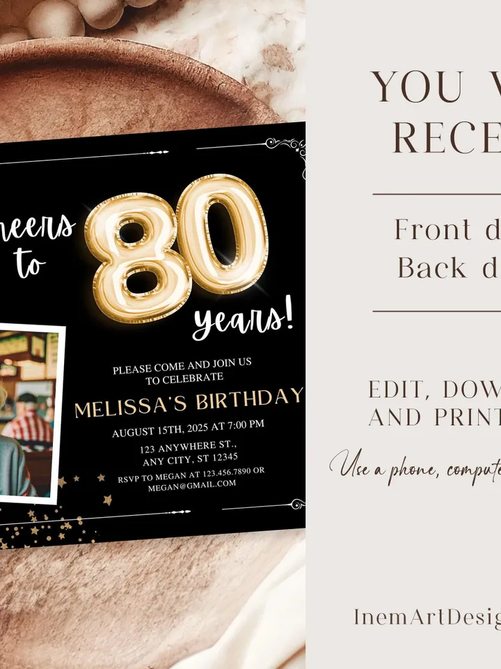 80th Birthday Invitation with Photo Adult Women's Cheers to 80th Birthday Invite Black and Gold Party Card for Grandma Canva Template