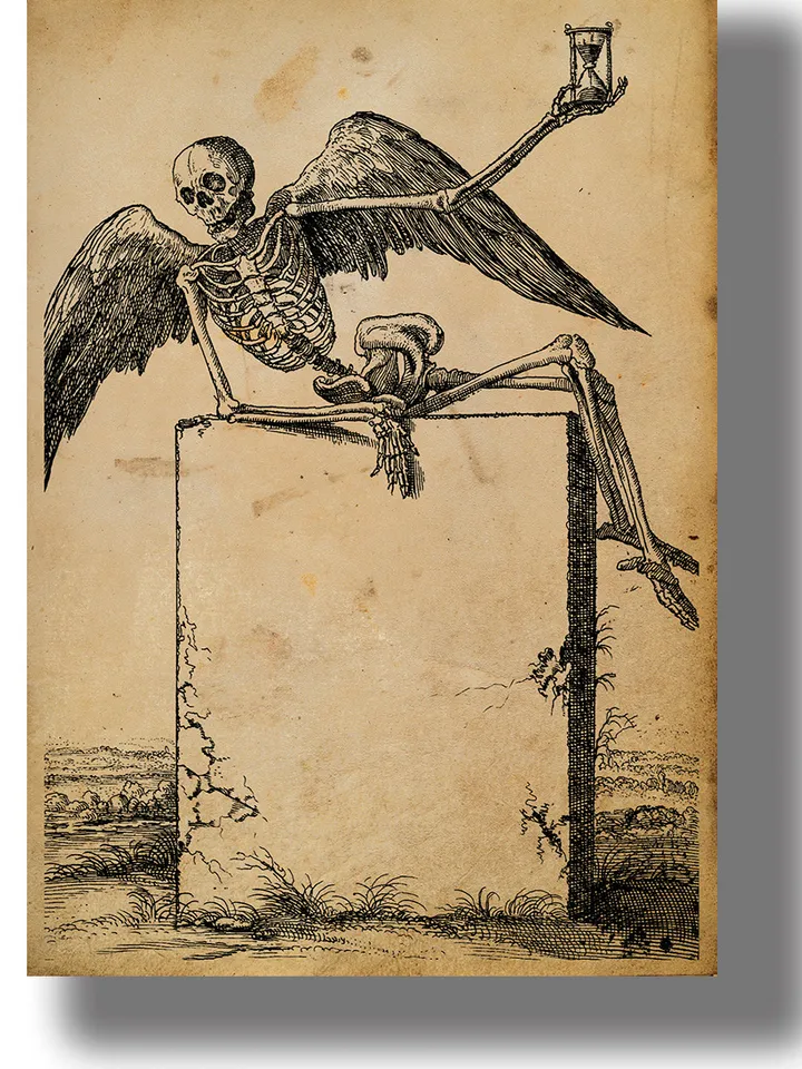 Skeleton with a clock sitting on a tombstone.