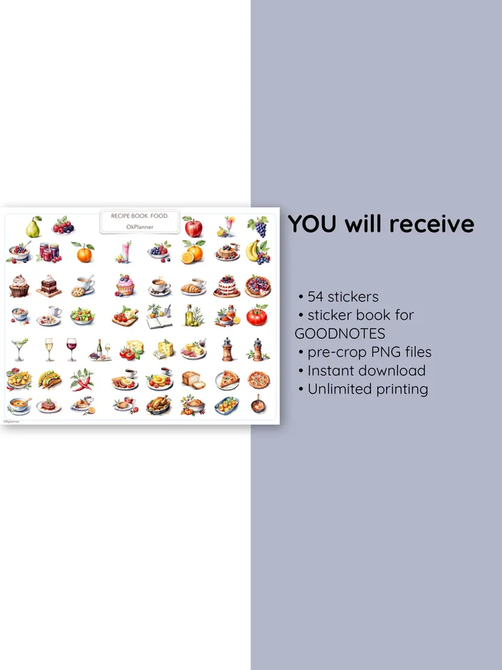 Digital Food Stickers for Meal Planners, Recipe books, Food diary, Scrapbooks. Nutrition stickers. Food-themed stickers