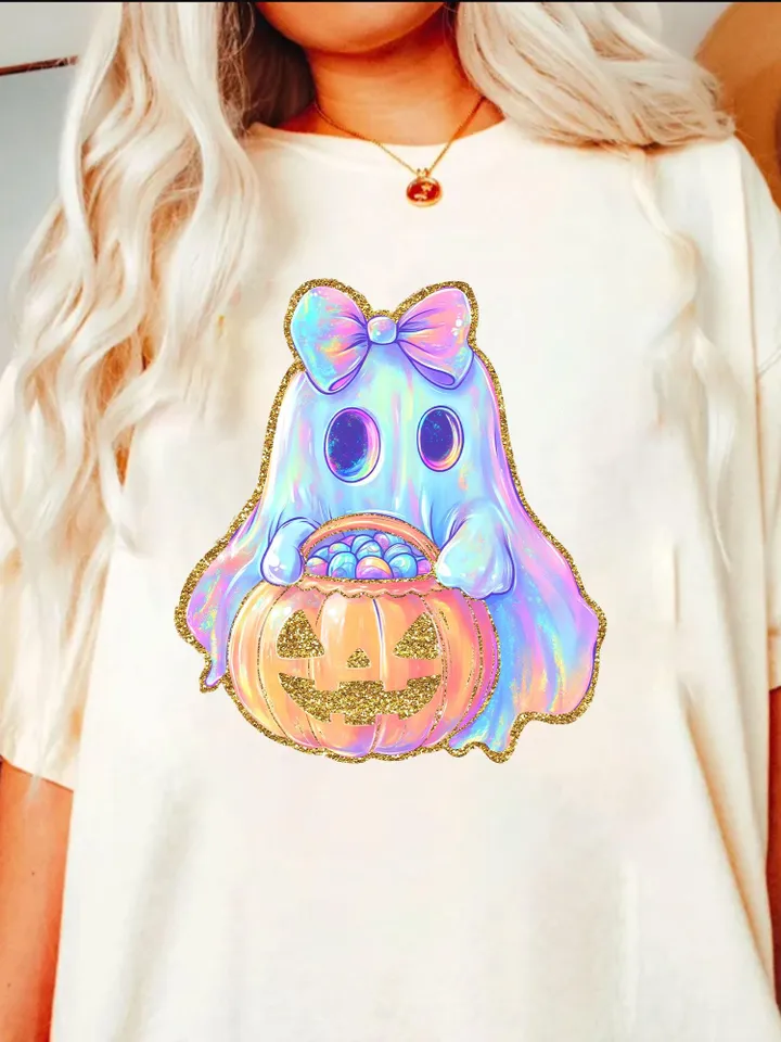 Iridescent Ghost Pumpkin PNG, Coquette Halloween Design, Iridescent Ghost Pumpkin Design, Halloween PNG, Girly Halloween Png, Cute Ghost Png