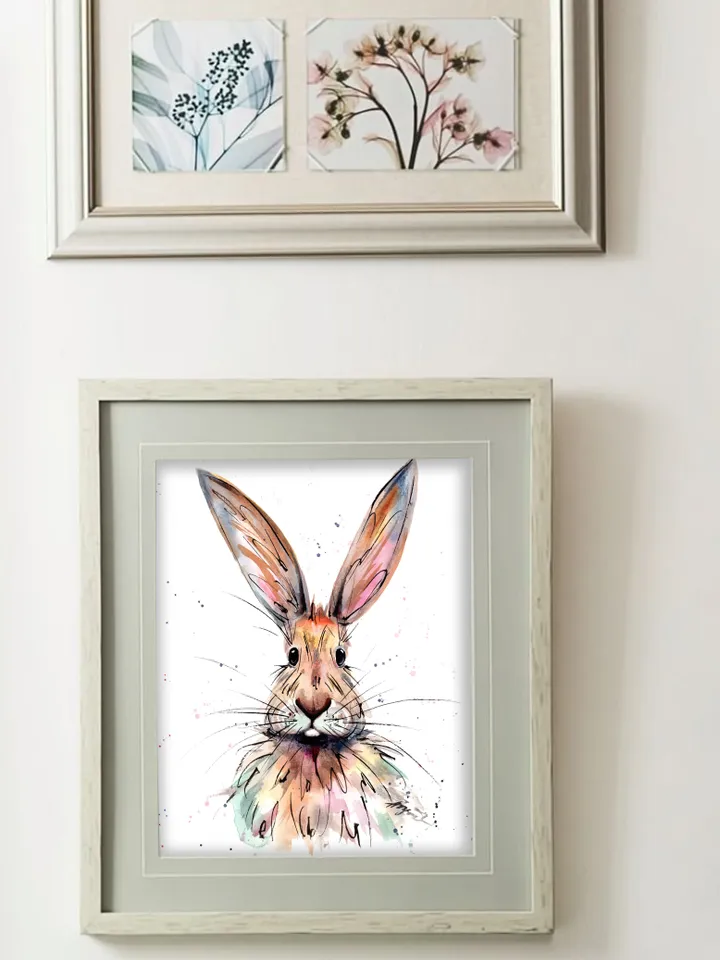 Original watercolor hare, animal painting, room decor, animals lover gift, 8x11 in bunny art with splashes and streaks of watercolor by Anne Gorywine
