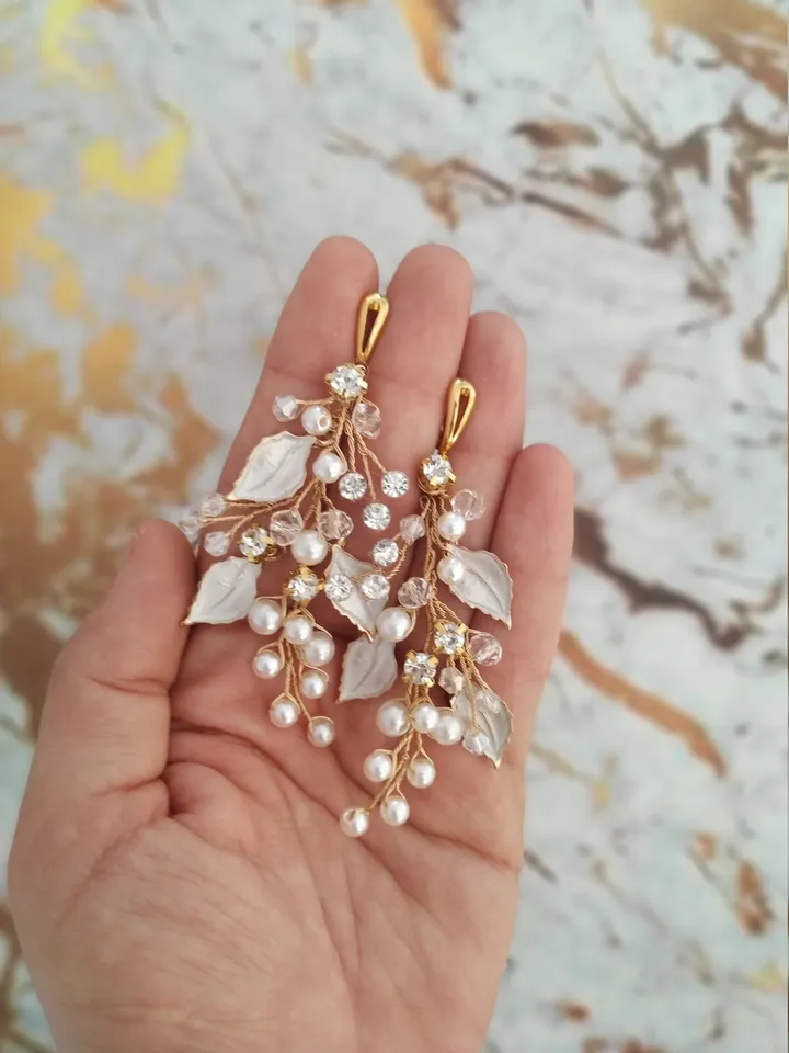 Boho Wedding Earrings, Rose Gold Leaf Chandelier Statement Bridal Earrings, Flower Wedding Earrings, Pearl Wedding Jewelry Swarovski Jewelry