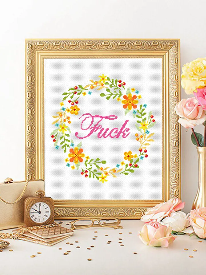 Fuck Flower wreath cross stitch pattern download PDF Floral framed quote cross stitch, Funny adult cross stitch chart, DIY home decor #Q11