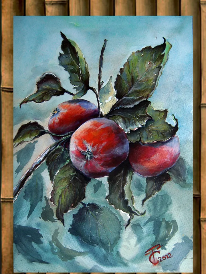 Branch of apples. Watercolor painting fruit apples 21x30 cm (8.3 х 11,7 inches)
