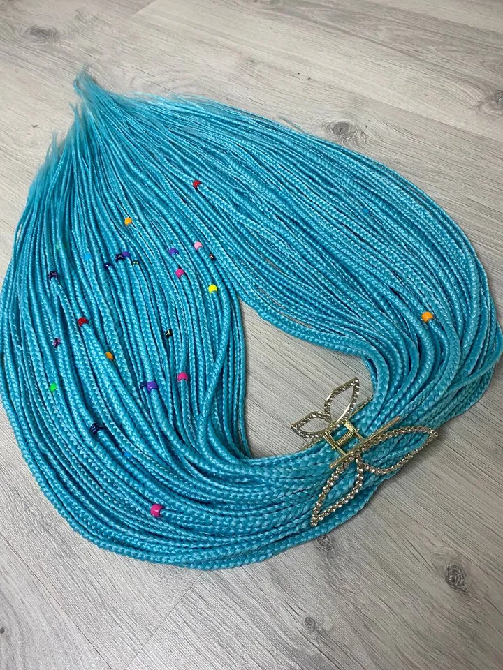 Turquoise braids hair extensions with beads. Synthetic Braids, teal hair extensions.